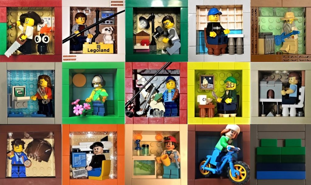 15 LEGO built squares on 8 by 8 plates featuring a unique minifgure representing MILUG members including mountain biking, gardening, photography, and playing guitar.